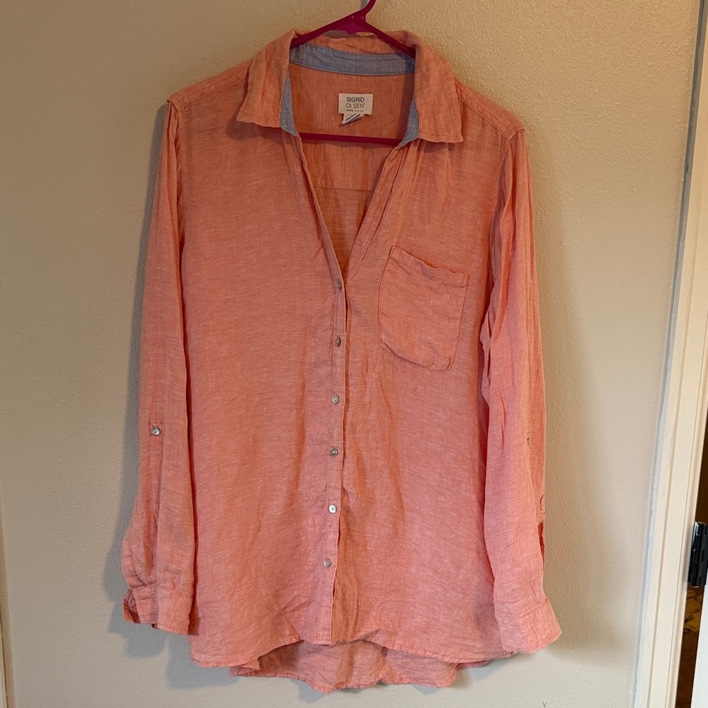 Sigrid Olsen Orange 100% Linen Shirt Button Up Medium